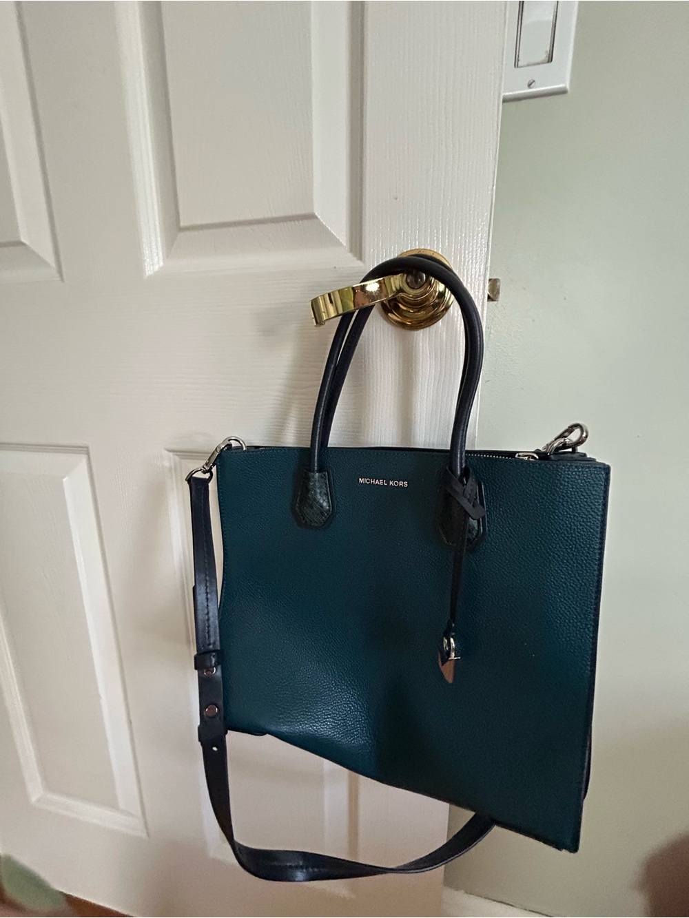 Michael Kors Dark Teal and Black Pebbled Leather Satchel